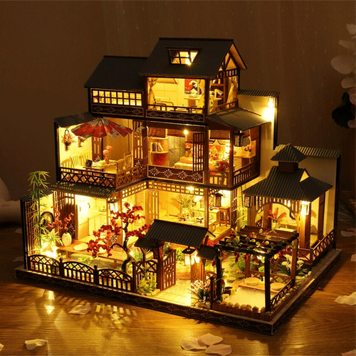 Stornfield | Large Realistic Wooden Dollhouse with LED Lights | DIY Miniature Playhouse