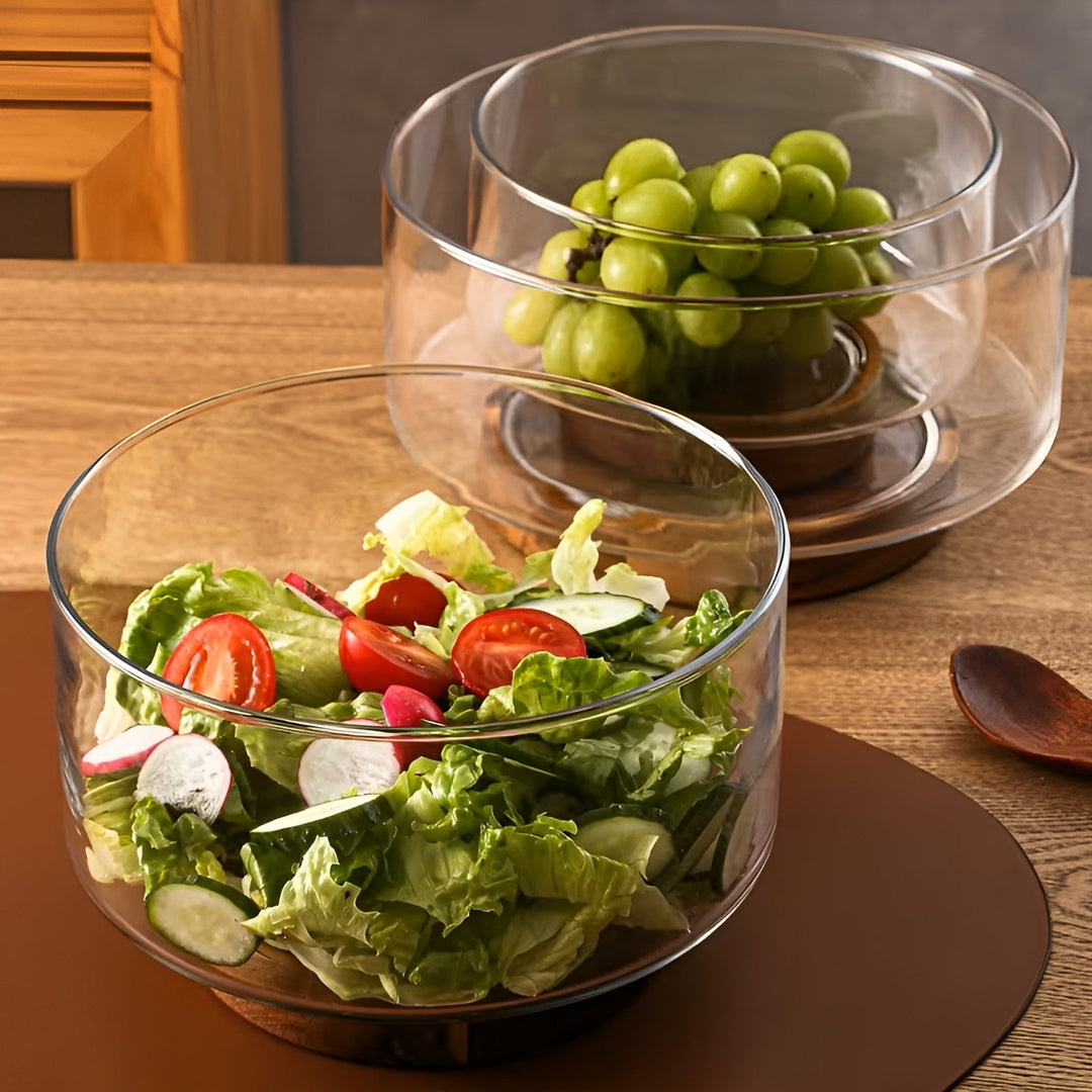 Glass bowl with wooden base – Elegant and decorative | Perfect for fruit, snacks, and salads in the kitchen | Stornfield