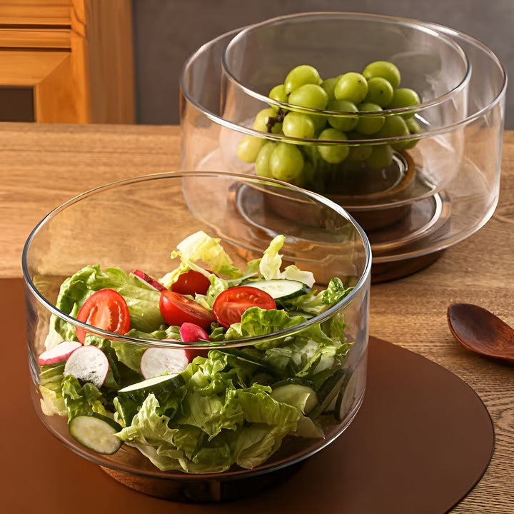 Glass bowl with wooden base – Elegant and decorative | Perfect for fruit, snacks, and salads in the kitchen | Stornfield