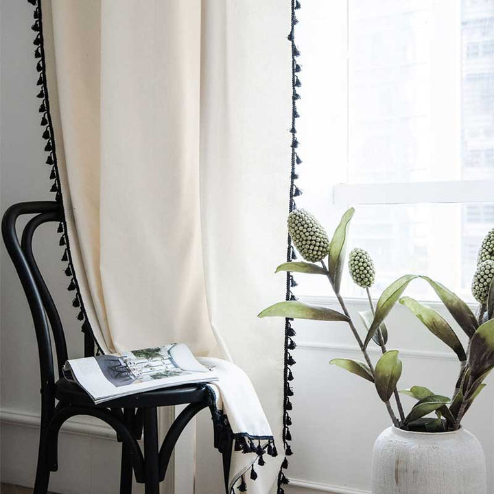 Cotton Linen Beige Curtain with Black Tassel | Stornfield