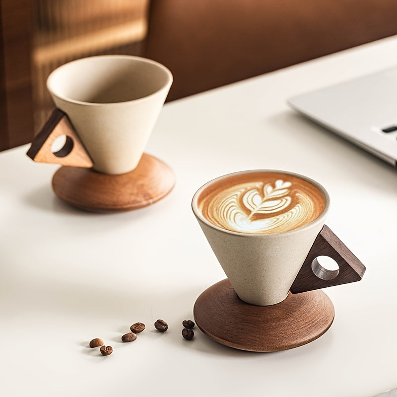 BaristaLuxe Ceramic Coffee Mug 250ml – Handcrafted with Wooden Handle and Saucer | Stornfield