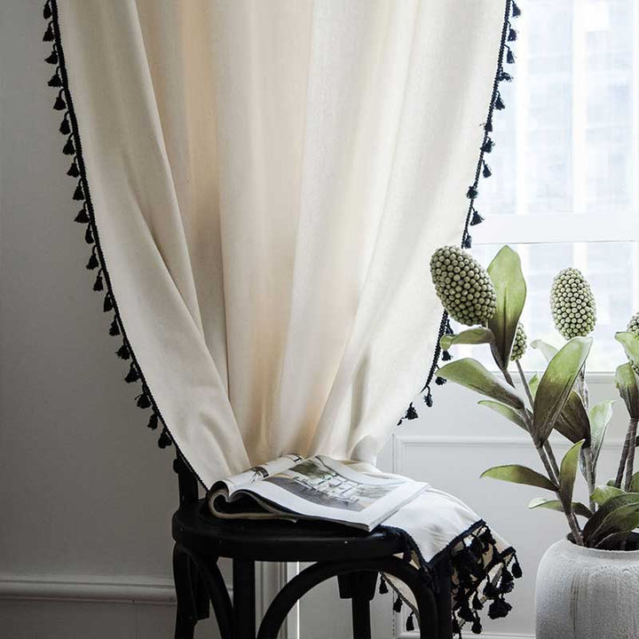 Cotton Linen Beige Curtain with Black Tassel | Stornfield