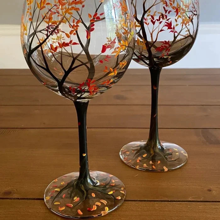 Stornfield | Hand Painted Four Seasons Tree Wine Glasses | Unique Art