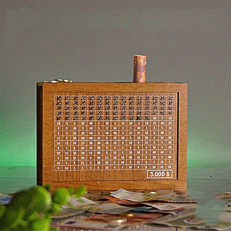 Wooden money box with engraved figures | Stornfield