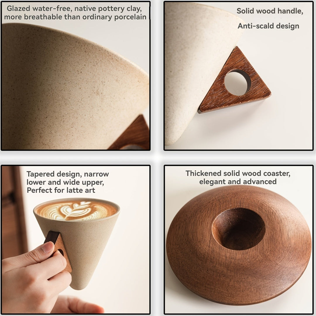 BaristaLuxe Ceramic Coffee Cup 250ml – Handmade with Wooden Handle and Coaster | Stornfield