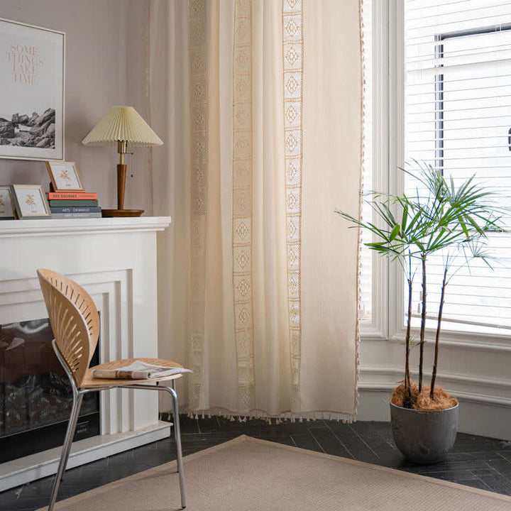 Beige Splicing Hollow-Out Light Filtering Curtain Set | Stornfield