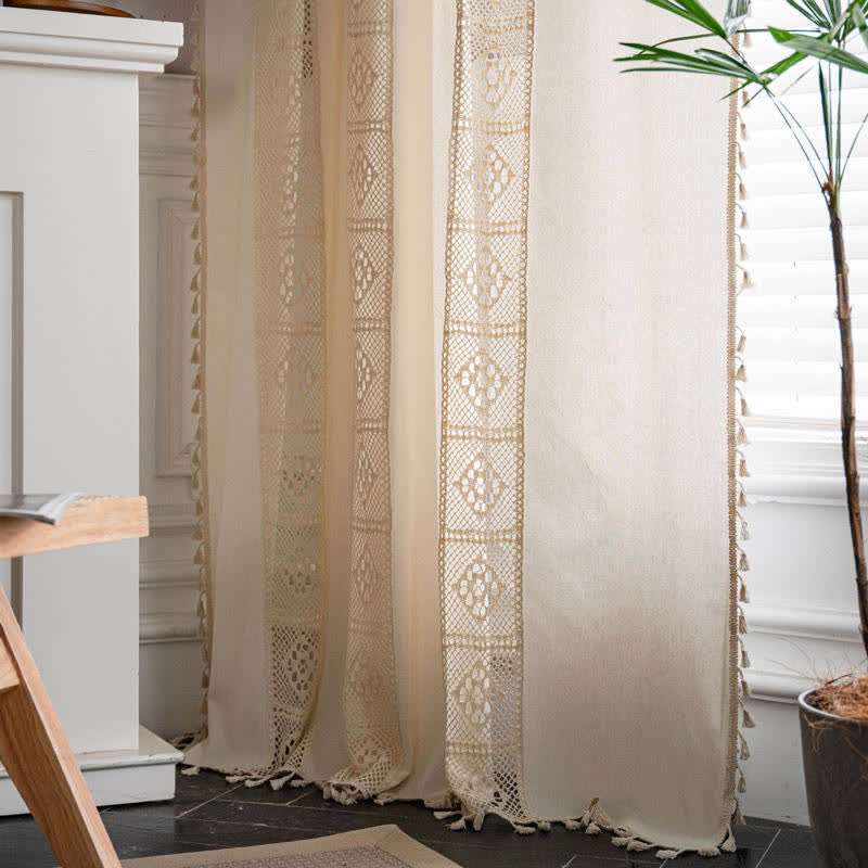 Beige Splicing Hollow-Out Light Filtering Curtain Set | Stornfield
