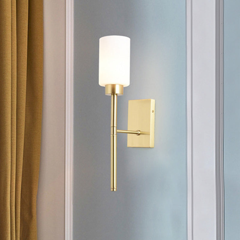 Opal Glass Tube Sconce Modernist 1 Bulb Wall Lighting Fixture in Brass with Metal Pencil Arm | Stornfield