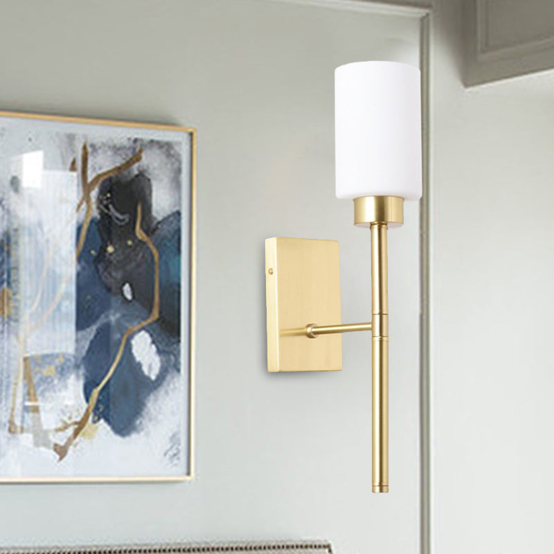 Opal Glass Tube Sconce Modernist 1 Bulb Wall Lighting Fixture in Brass with Metal Pencil Arm | Stornfield