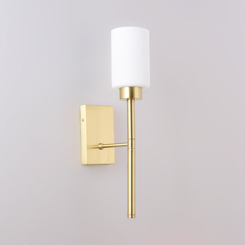 Opal Glass Tube Sconce Modernist 1 Bulb Wall Lighting Fixture in Brass with Metal Pencil Arm | Stornfield