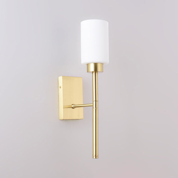 Opal Glass Tube Sconce Modernist 1 Bulb Wall Lighting Fixture in Brass with Metal Pencil Arm | Stornfield