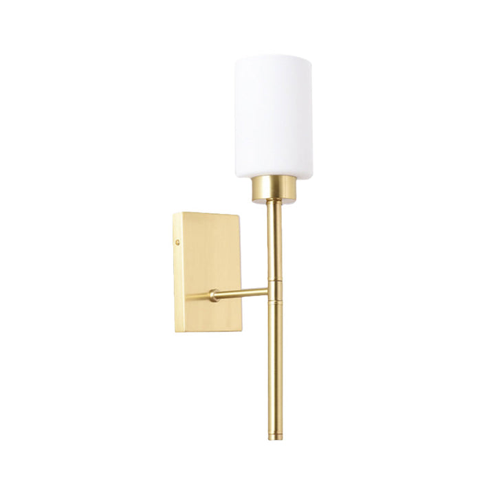 Opal Glass Tube Sconce Modernist 1 Bulb Wall Lighting Fixture in Brass with Metal Pencil Arm | Stornfield