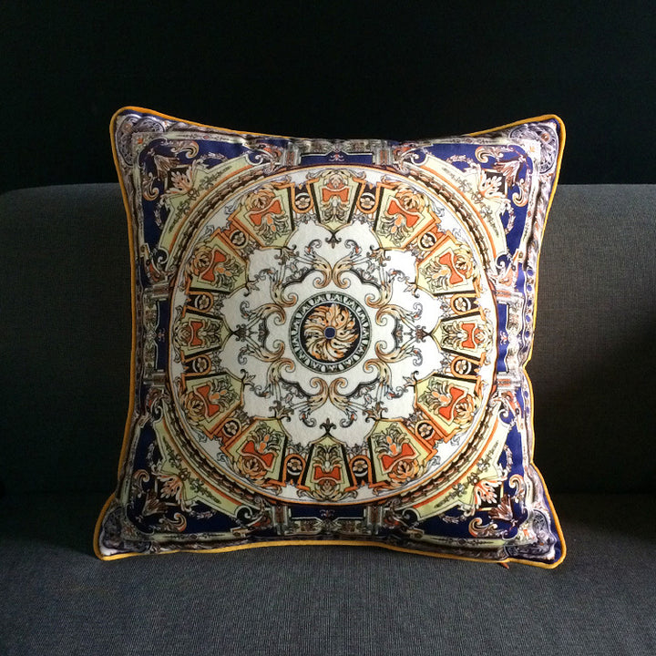 Vintage Equestrian Square Throw Pillow Cover with Piped Velvet Trim and Hidden Zipper