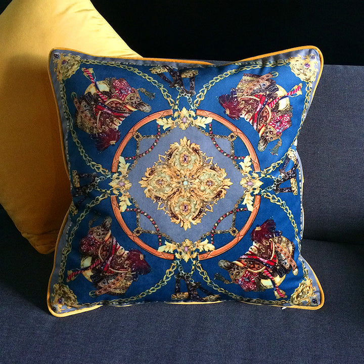Vintage Equestrian Square Throw Pillow Cover with Piped Velvet Trim and Hidden Zipper