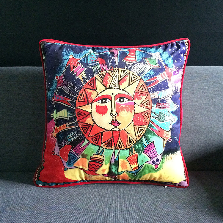 Vintage Equestrian Square Throw Pillow Cover with Piped Velvet Trim and Hidden Zipper