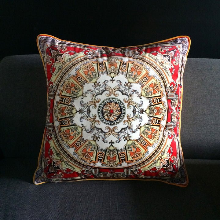 Vintage Equestrian Square Throw Pillow Cover with Piped Velvet Trim and Hidden Zipper