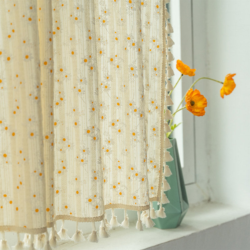 Beige Daisy Pattern Tier Curtain in Cotton Linen Fabric | Stornfield