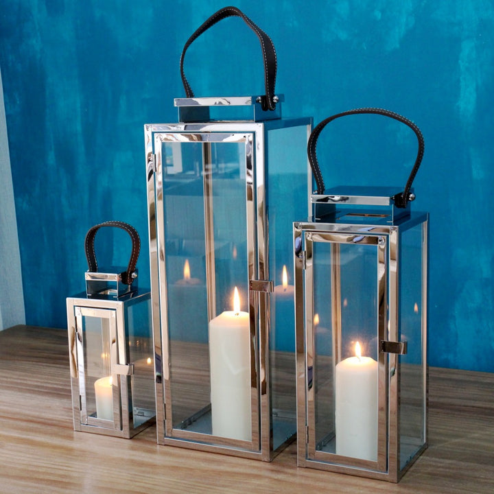 Rectangular Glass Candle Lanterns with Polished Metal Frame and Faux Leather Handle Set Stornfield