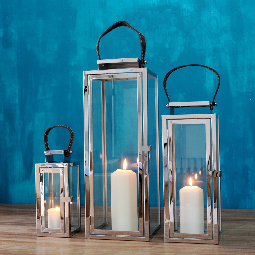 Rectangular Glass Candle Lanterns with Polished Metal Frame and Faux Leather Handle Set Stornfield