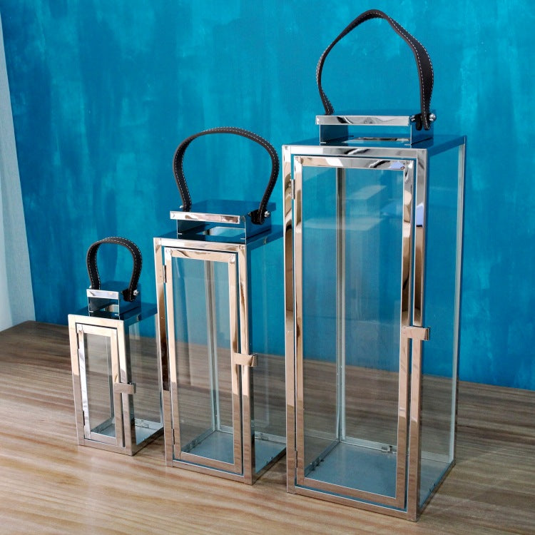Rectangular Glass Candle Lanterns with Polished Metal Frame and Faux Leather Handle Set Stornfield