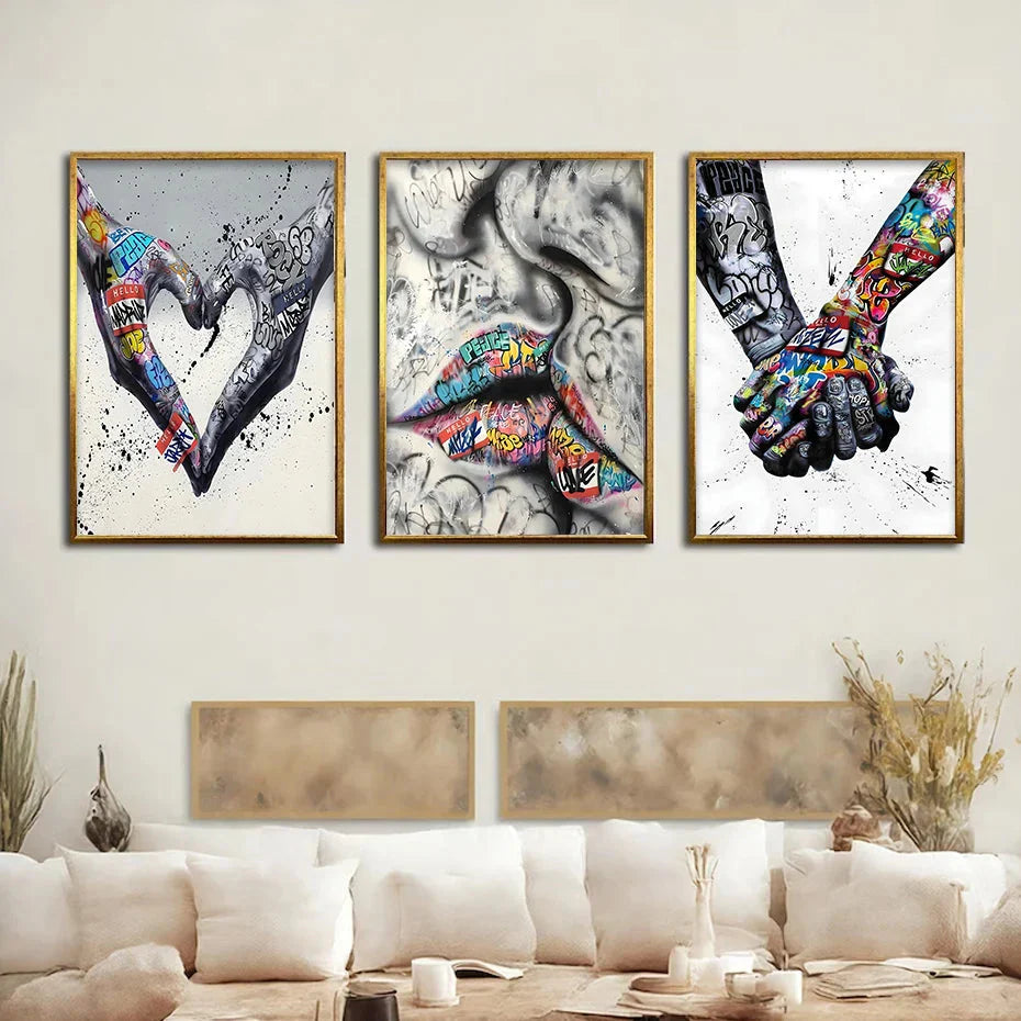 Stornfield | 3PCS Modern Love Hand in Hand Kiss Banksy Graffiti Poster Urban Wall Art Canvas Painting Prints Pictures Room Decor