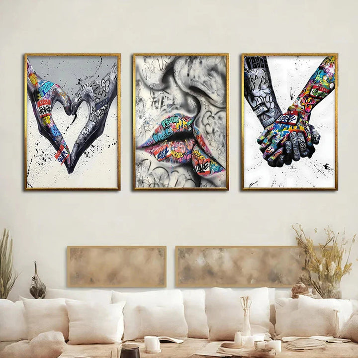 Stornfield | 3PCS Modern Love Hand in Hand Kiss Banksy Graffiti Poster Urban Wall Art Canvas Painting Prints Pictures Room Decor