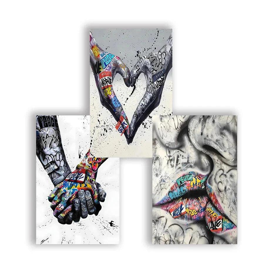 Stornfield | 3PCS Modern Love Hand in Hand Kiss Banksy Graffiti Poster Urban Wall Art Canvas Painting Prints Pictures Room Decor