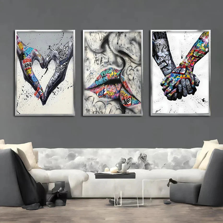 Stornfield | 3PCS Modern Love Hand in Hand Kiss Banksy Graffiti Poster Urban Wall Art Canvas Painting Prints Pictures Room Decor