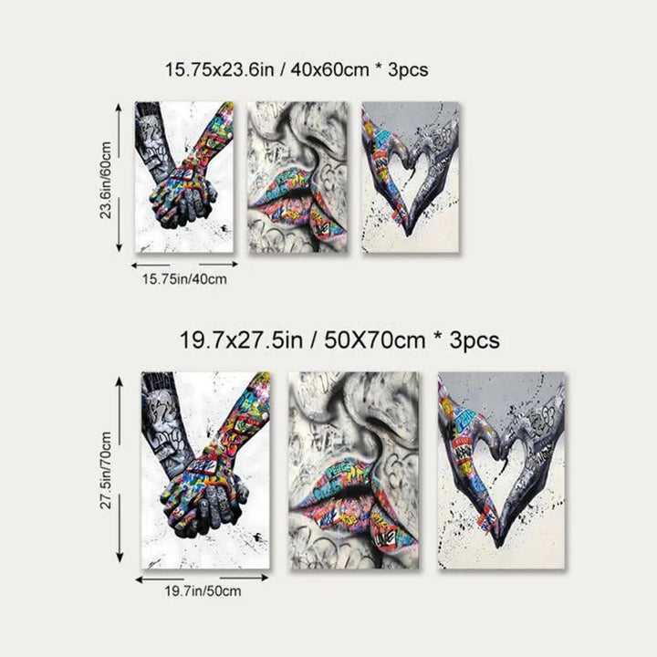 Stornfield | 3PCS Modern Love Hand in Hand Kiss Banksy Graffiti Poster Urban Wall Art Canvas Painting Prints Pictures Room Decor