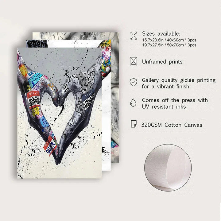 Stornfield | 3PCS Modern Love Hand in Hand Kiss Banksy Graffiti Poster Urban Wall Art Canvas Painting Prints Pictures Room Decor