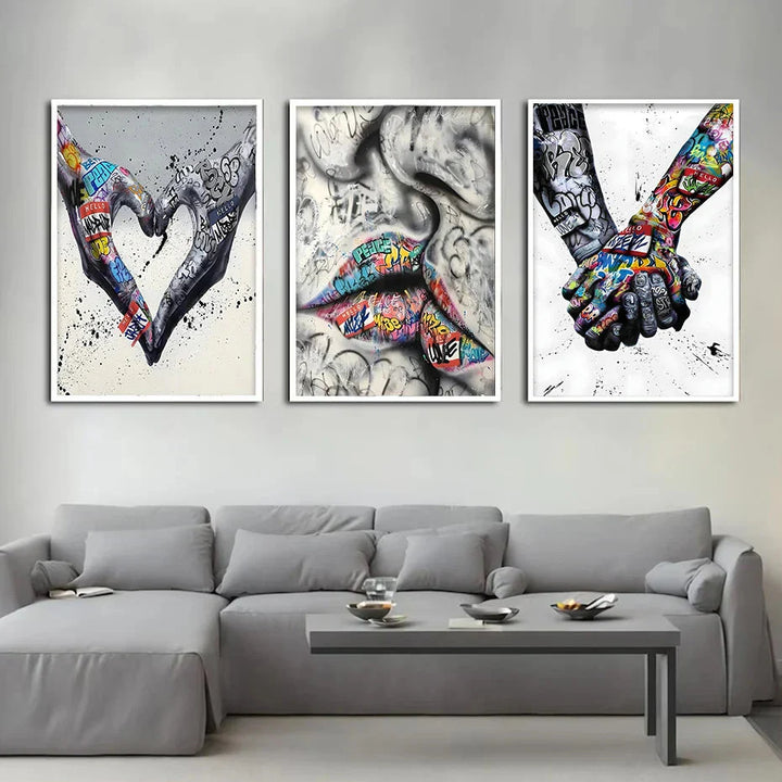 Stornfield | 3PCS Modern Love Hand in Hand Kiss Banksy Graffiti Poster Urban Wall Art Canvas Painting Prints Pictures Room Decor