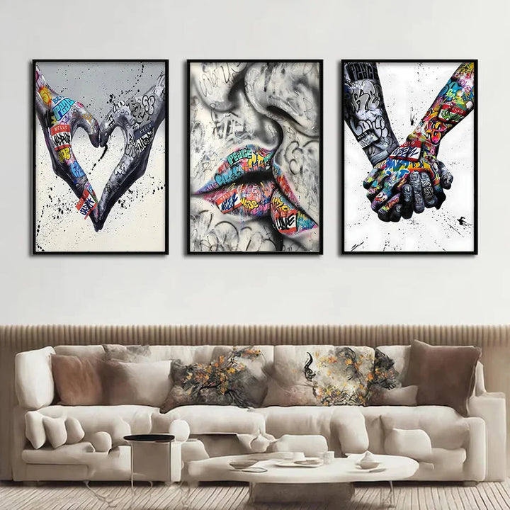 Stornfield | 3PCS Modern Love Hand in Hand Kiss Banksy Graffiti Poster Urban Wall Art Canvas Painting Prints Pictures Room Decor