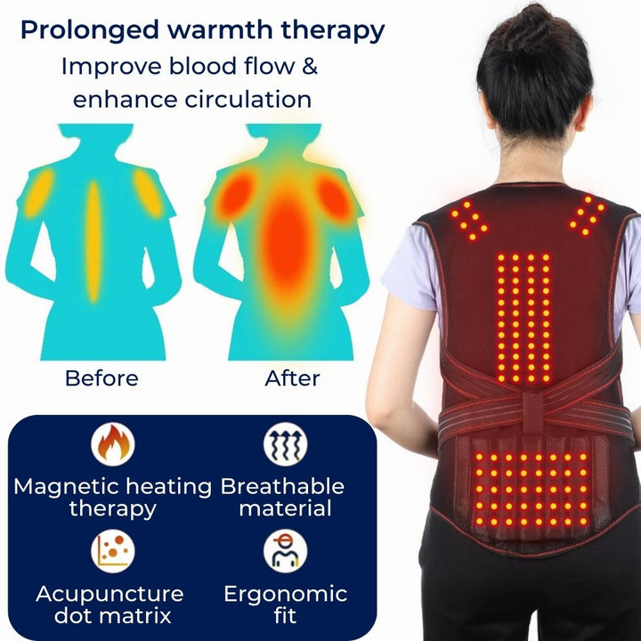MagniTherm Self-Heating Back Support | Adjustable Heated Posture Corrector - Back Pain Relief - Posture Improvement Stornfield