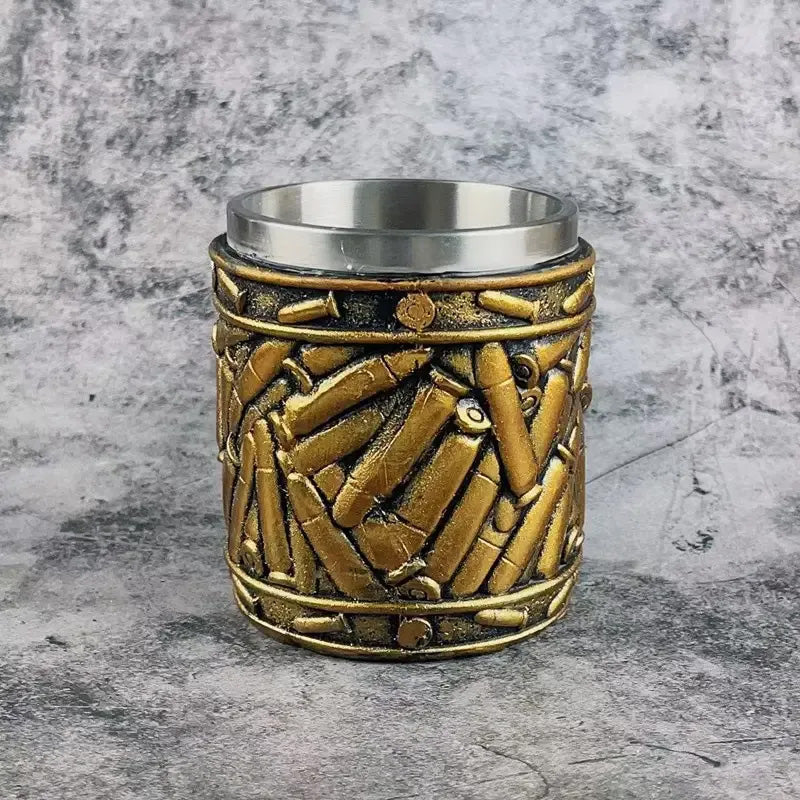 Revolver beer mug in stainless steel with unique bullet pattern | Stornfield