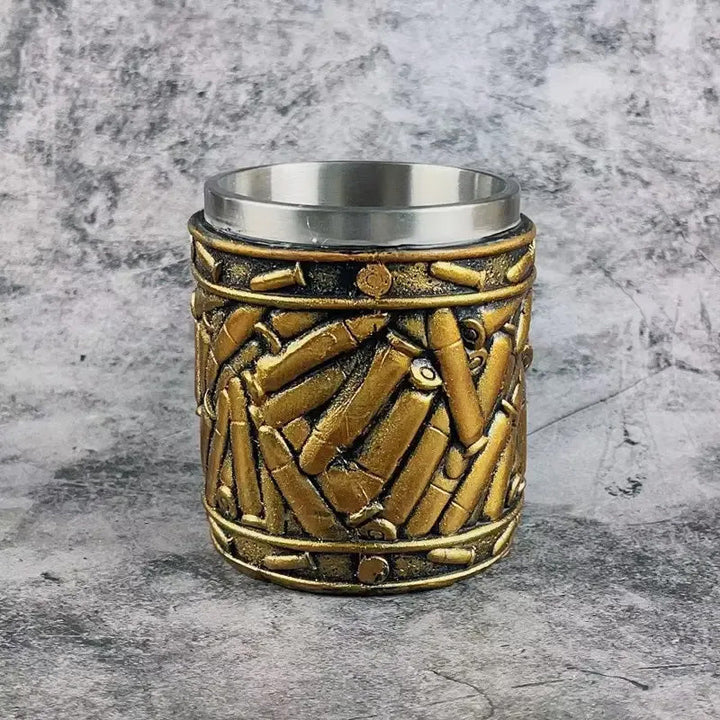 Revolver beer mug in stainless steel with unique bullet pattern | Stornfield