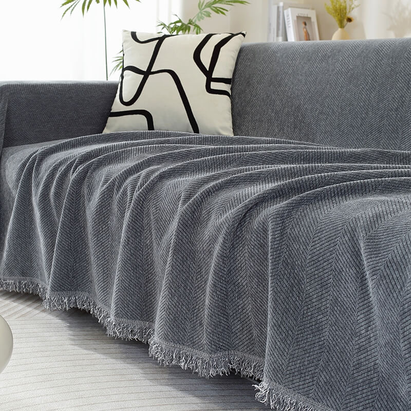 Stornfield | Herringbone Chenille Sofa Throw with Fringes