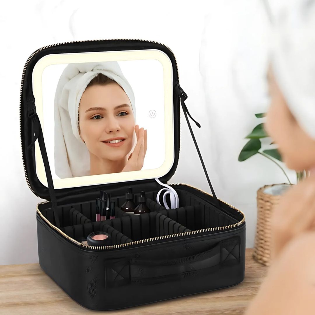 GlamOrganize | Makeup and Toiletry Bag - Cosmetic Organizer - LED Mirror - Compact Storage for Makeup and Skincare - Convenient Travel Bowl