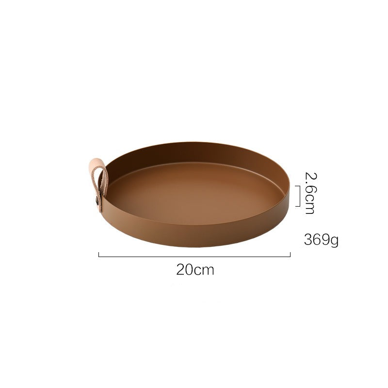 Stornfield | Nordic Style Wrought Iron Round Tray with Leather Handle Color Storage Plate Water Glass Plate Home Decoration