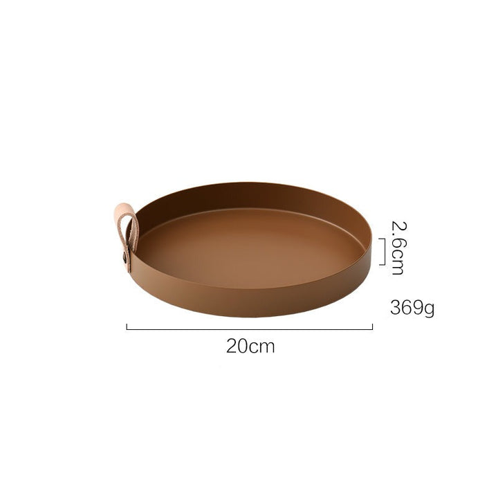 Stornfield | Nordic Style Wrought Iron Round Tray with Leather Handle Color Storage Plate Water Glass Plate Home Decoration