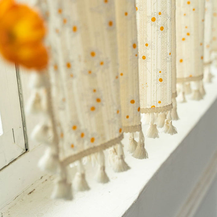 Beige Daisy Pattern Tier Curtain in Cotton Linen Fabric | Stornfield