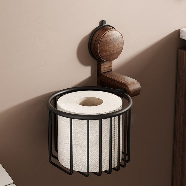 Walnut Wood Toilet Paper Holder – Hole-free with Suction Cup | Stornfield