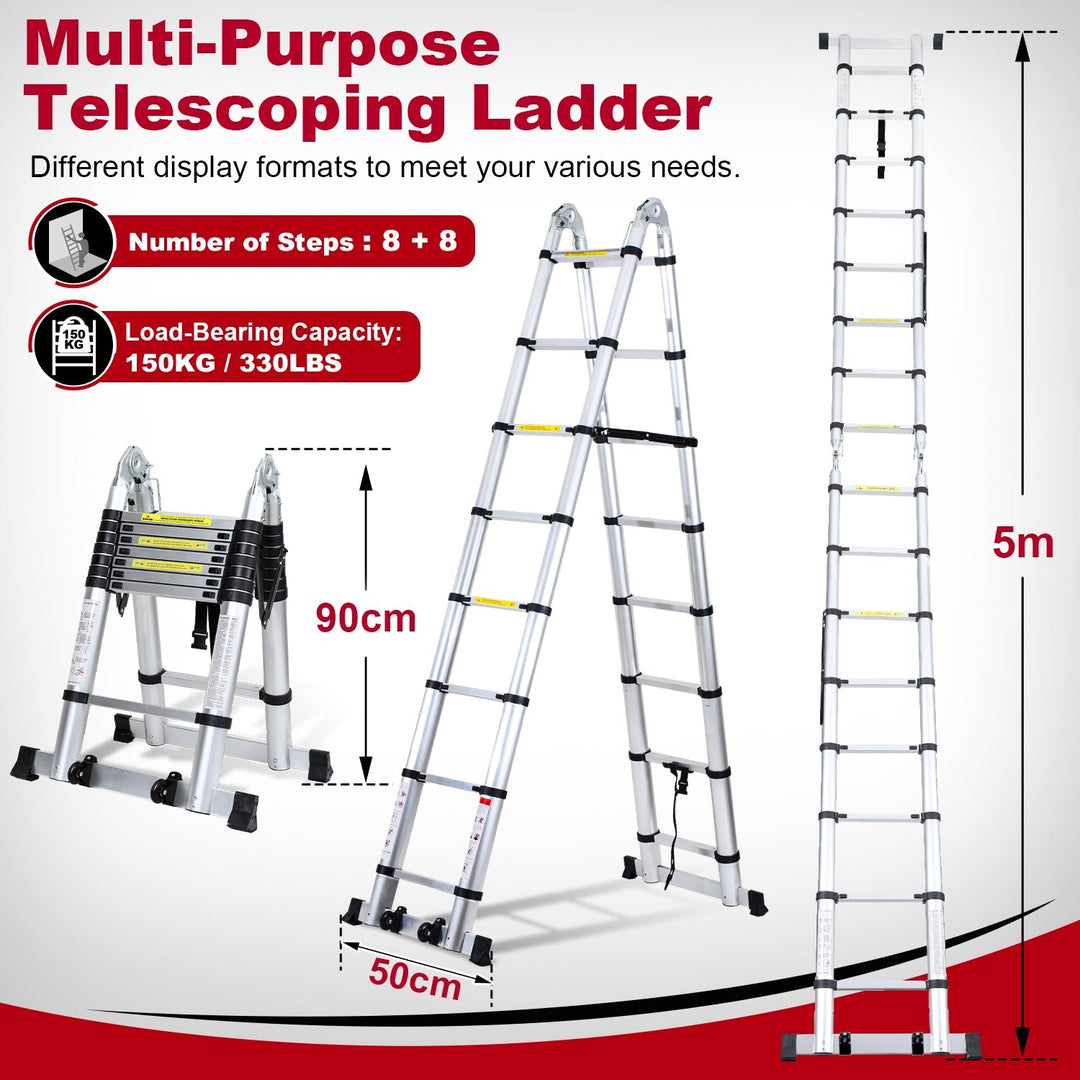 5M Aluminum Telescopic Ladder Folding Ladder with Wheels and Triangle Stabilizer | Stornfield