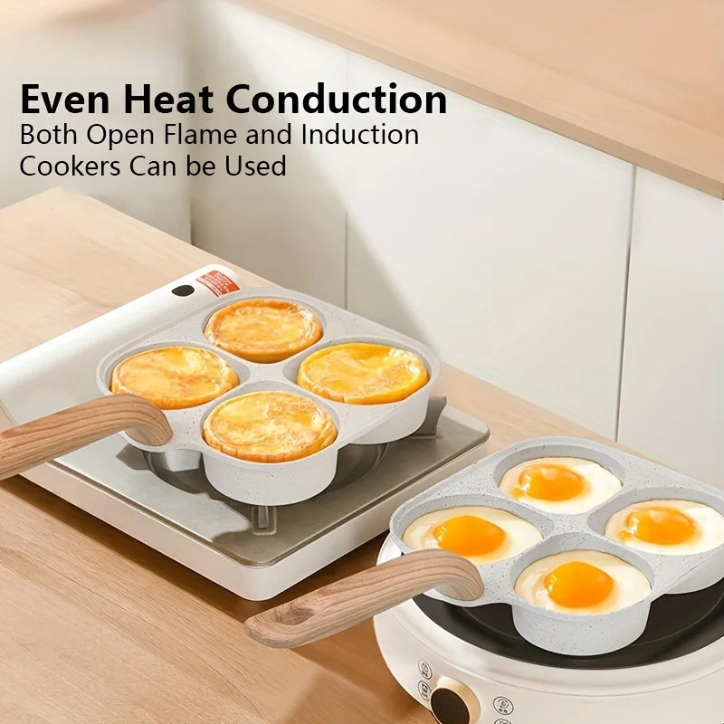 4 Holes Medical Stone Non Stick Egg Frying Pan With Wooden Handle | Stornfield
