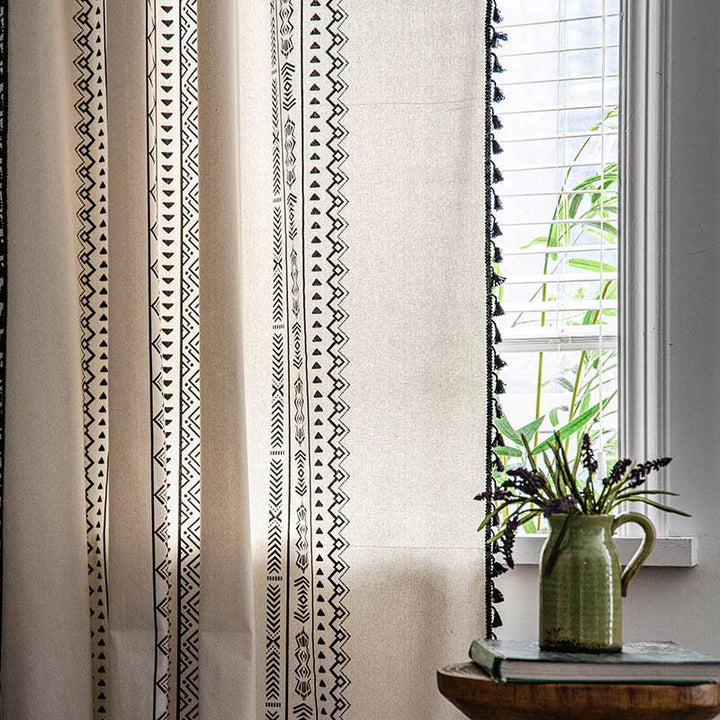 Geometric Tassel Curtain Semi Blackout Drapes in Cotton Blend | Stornfield