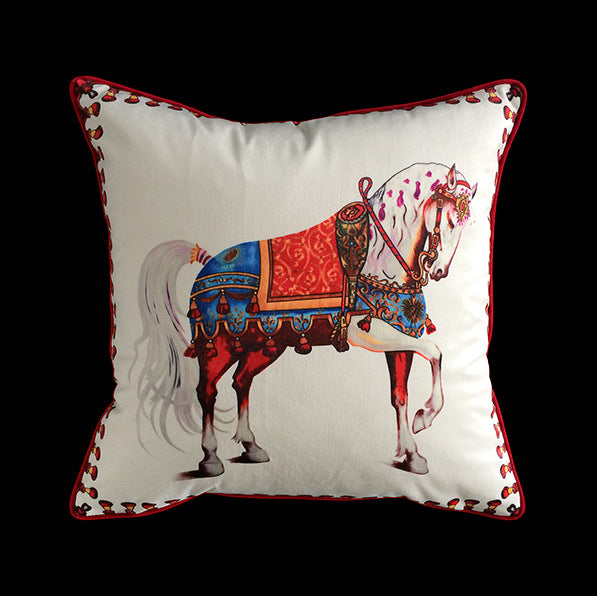 Vintage Equestrian Square Throw Pillow Cover with Piped Velvet Trim and Hidden Zipper
