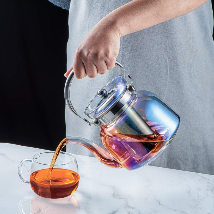 Stornfield | 50 Oz(1500ml) Glass Teapot with Lid, Removable Stainless Steel Tea Infuser and Handle, Stove Top Safe Teapot for Blooming and Loose Leaf Tea (Iridescent)