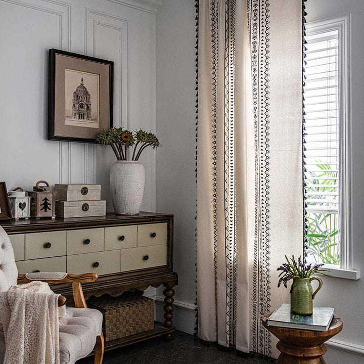 Geometric Tassel Curtain Semi Blackout Drapes in Cotton Blend | Stornfield