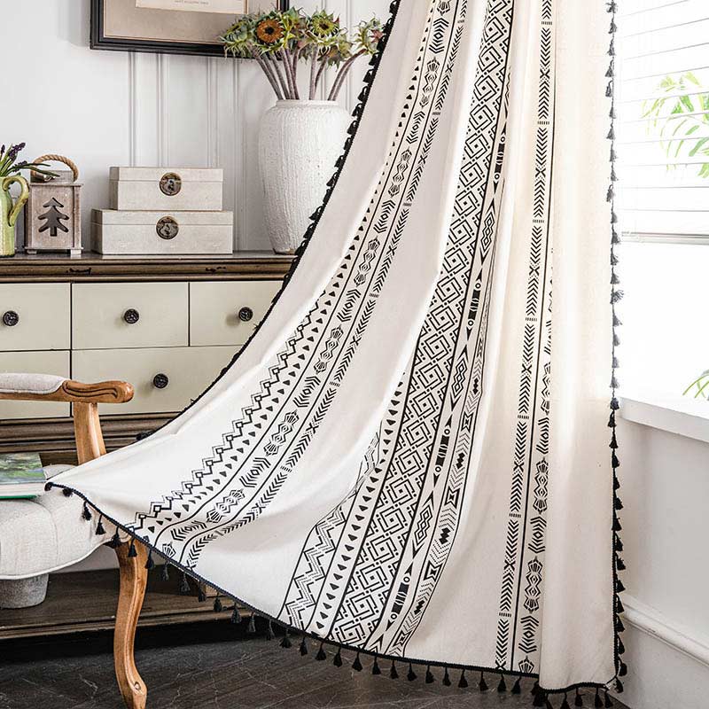 Geometric Tassel Curtain Semi Blackout Drapes in Cotton Blend | Stornfield