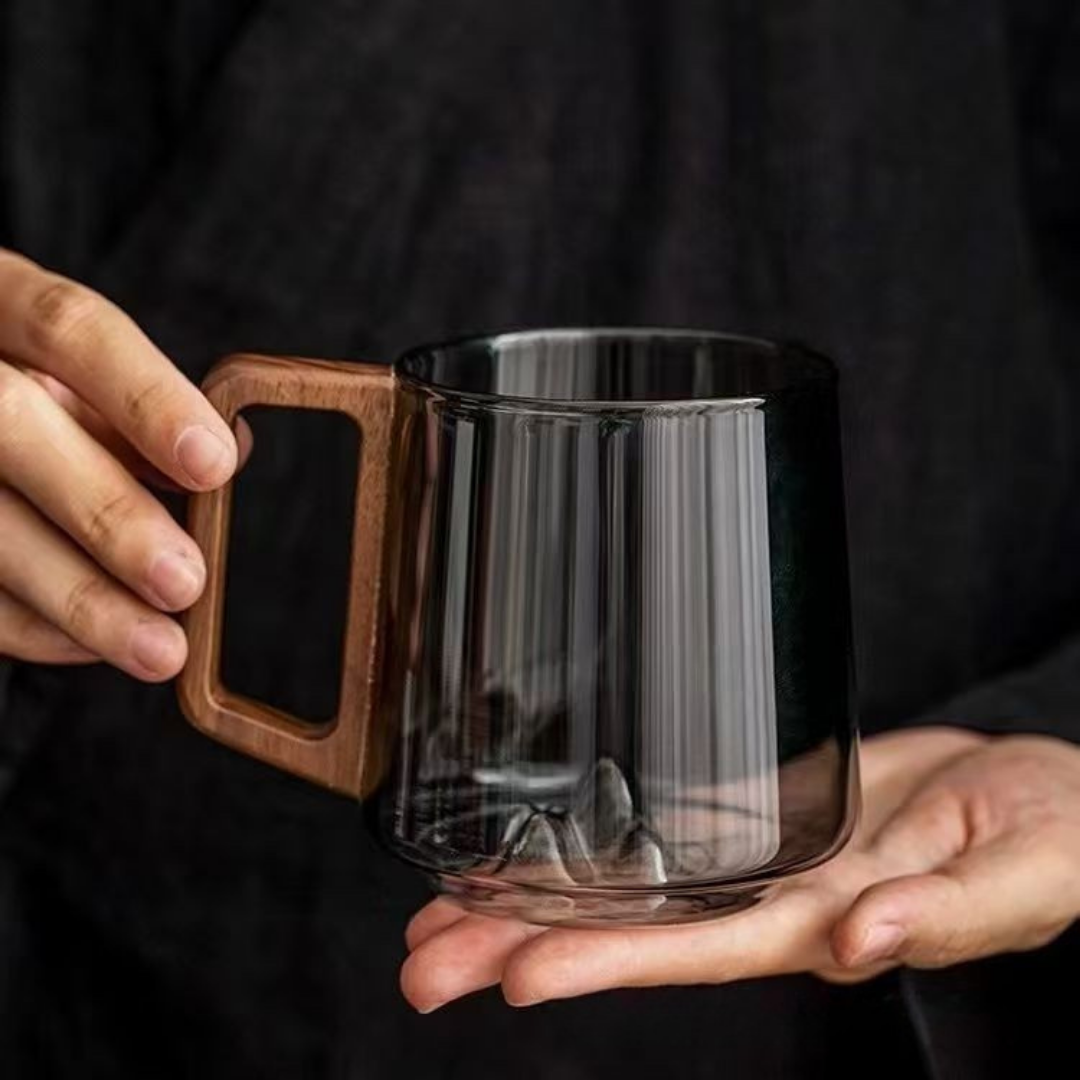 WoodGrip Glass Mug 400 ml with Wooden Handle for Hot and Cold | Stornfield