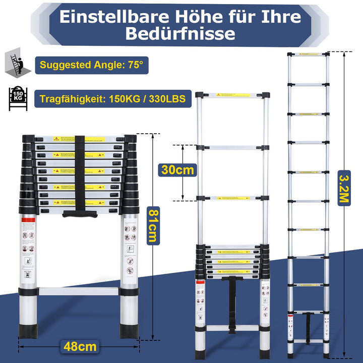Telescopic Ladder Aluminum Load capacity up to 150kg 2.6m-5m | Stornfield